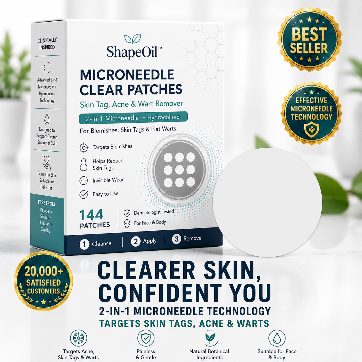 ✨ShapeOil®2-in-1 Microneedle & Hydrocolloid Patch🍀| Removes Raised Moles, Acne, Flat Warts & Skin Tags | Helps Improve Wrinkles, Scars & Blemishes | Invisible Patches for Face & Body
